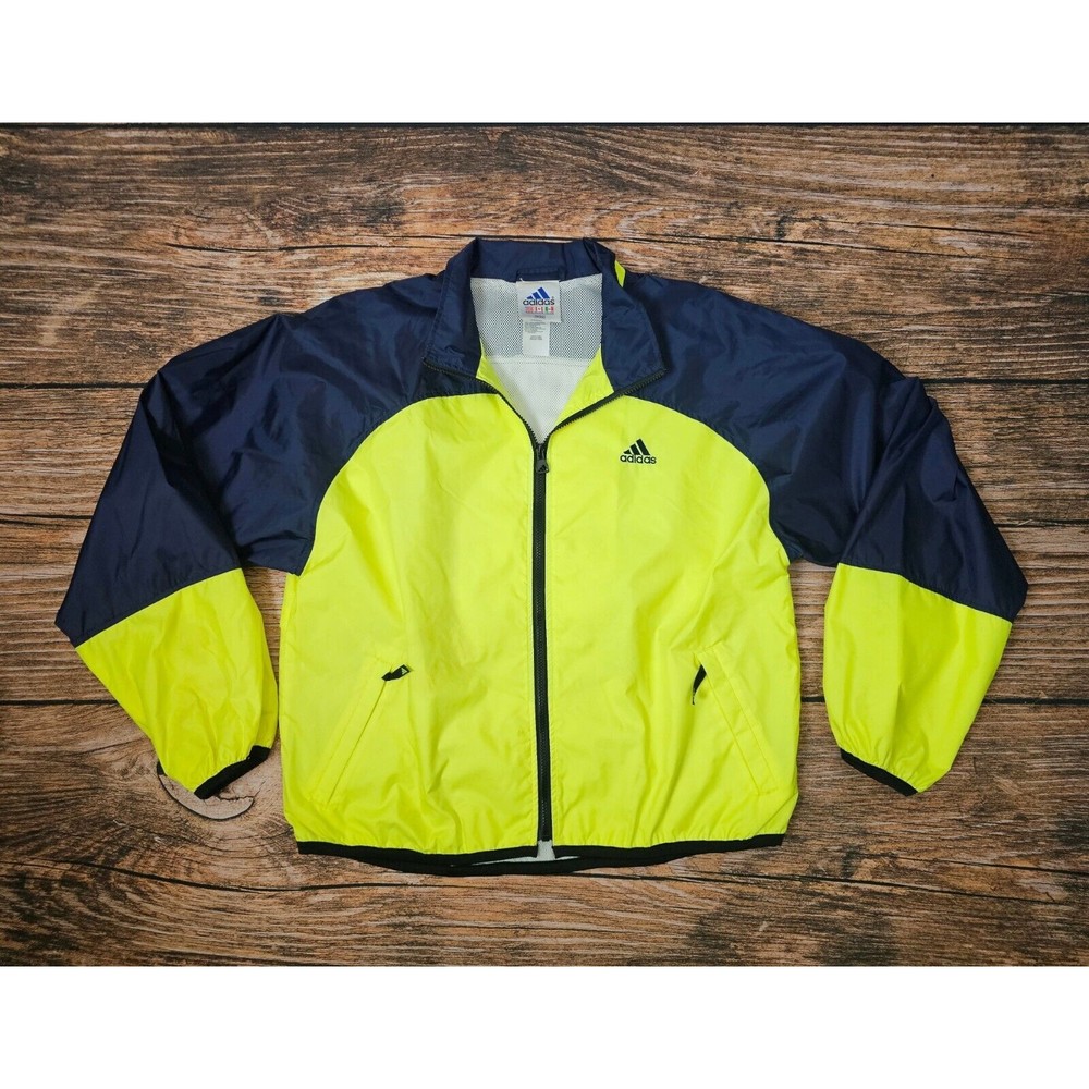 VTG 90s Adidas 3 Stripe Men M Nylon Mesh Lined Windbreaker Jacket Neon Green Blu